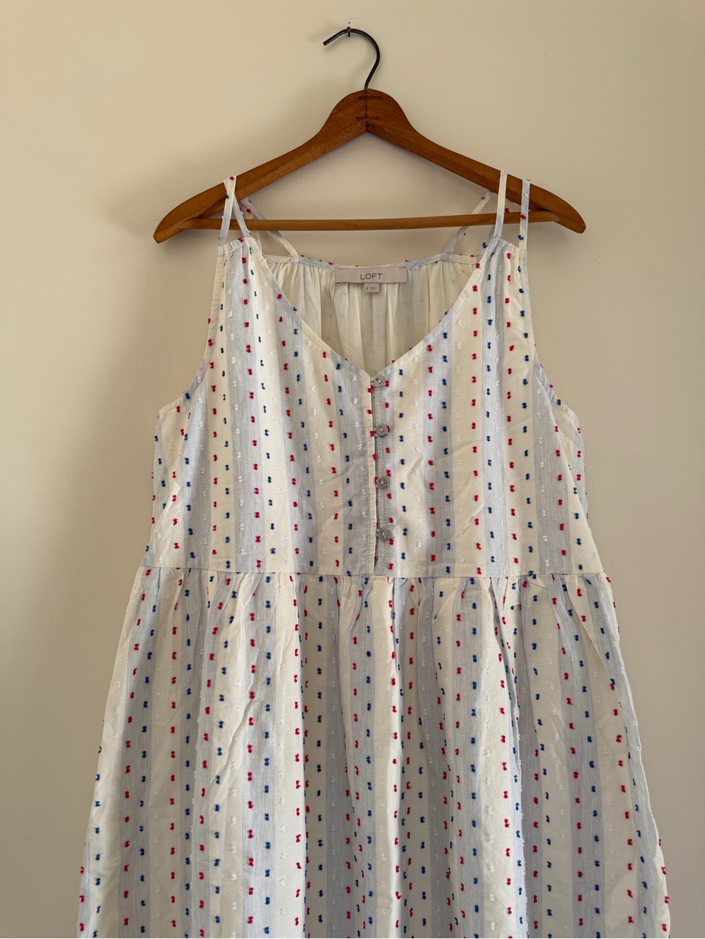 LOFT White Sleeveless Button-Front Midi Dress with Red & Blue Dot Motif - Picture 2 of 3